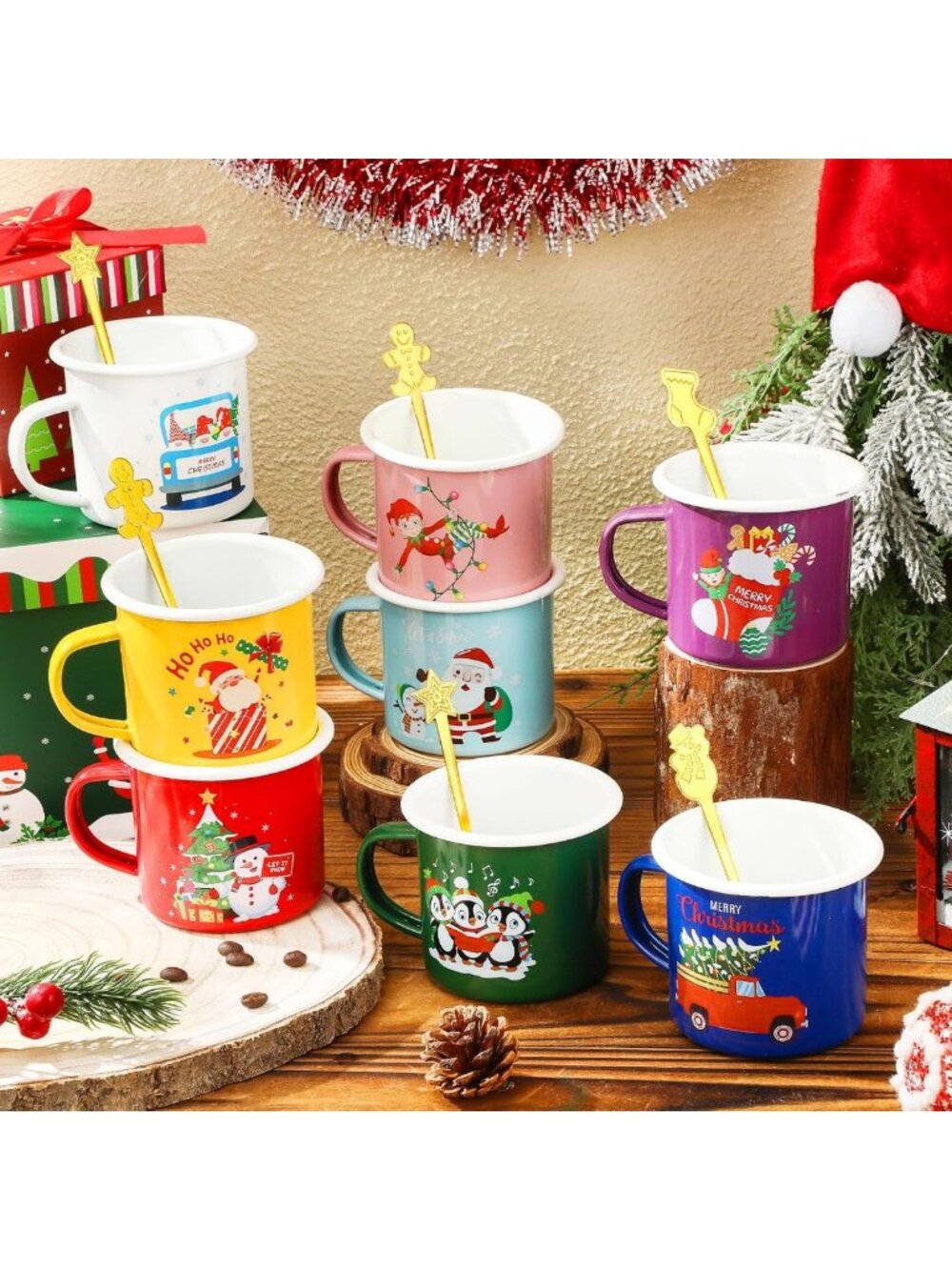 Set of 8 Cute Christmas Enamel Mugs with Spoons - 12 Oz Holiday Drinkware